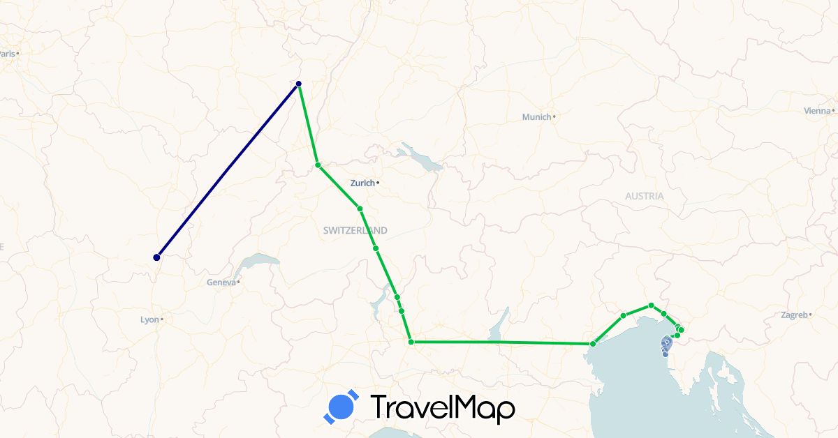 TravelMap itinerary: driving, bus, cycling in Switzerland, France, Croatia, Italy, Slovenia (Europe)